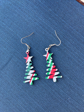 Red and Green Candy Cane Stripe Star Doodle Christmas Tree Dangle Earrings