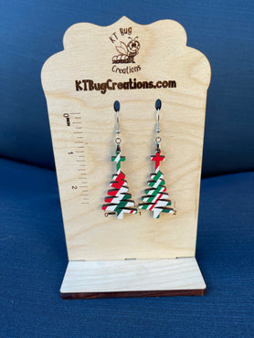 Red and Green Candy Cane Stripe Cross Doodle Christmas Tree Dangle Earrings