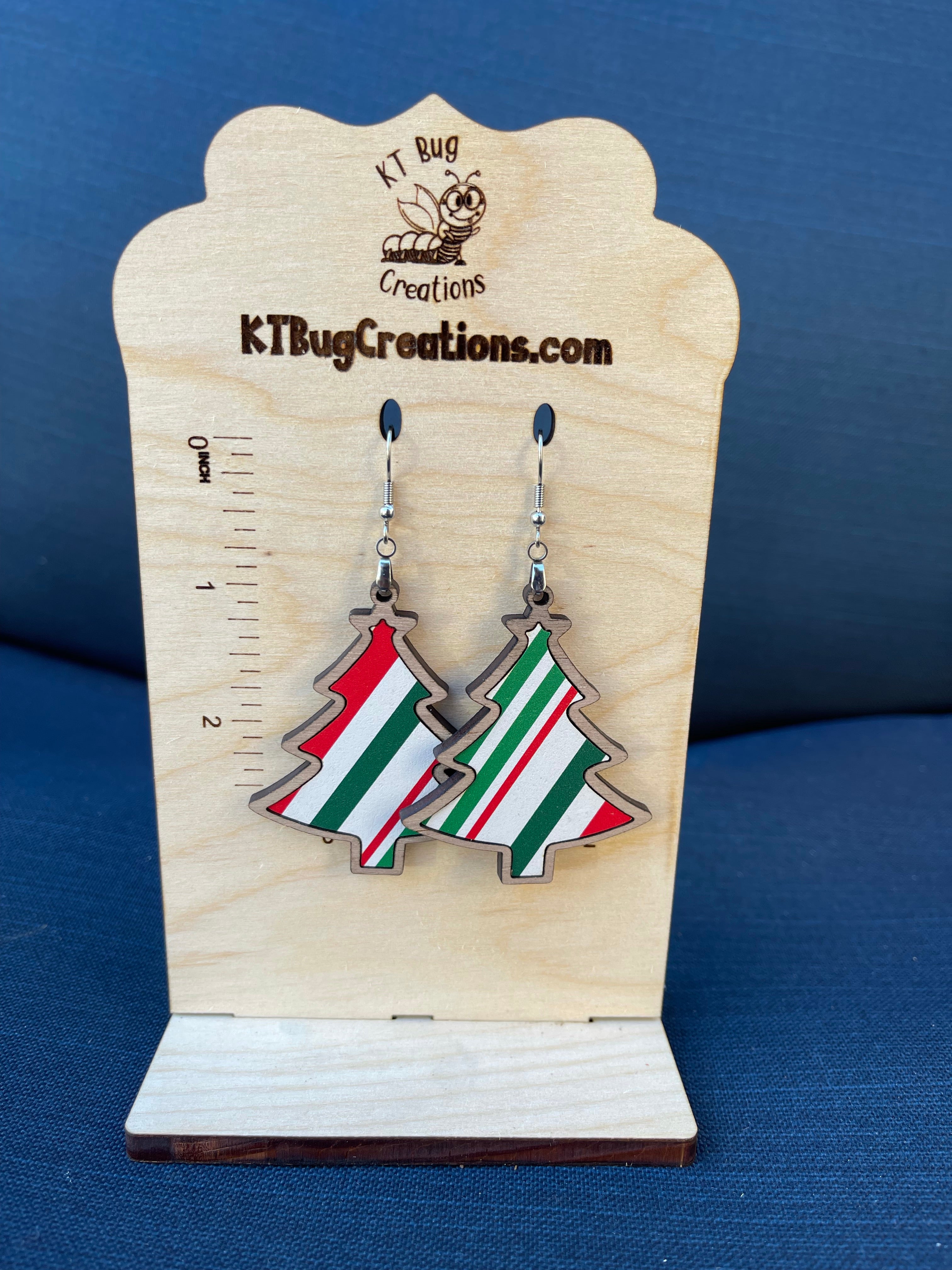 Red and Green Candy Cane Stripe Christmas Tree Dangle Earrings