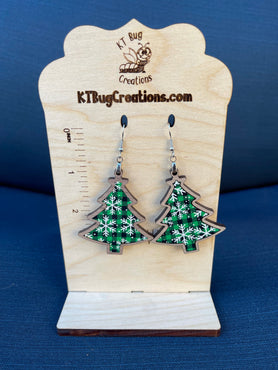 Green Plaid Snowflake Christmas Tree Dangle Earrings