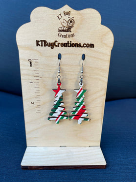 Red and Green Candy Cane Stripe Star Doodle Christmas Tree Dangle Earrings