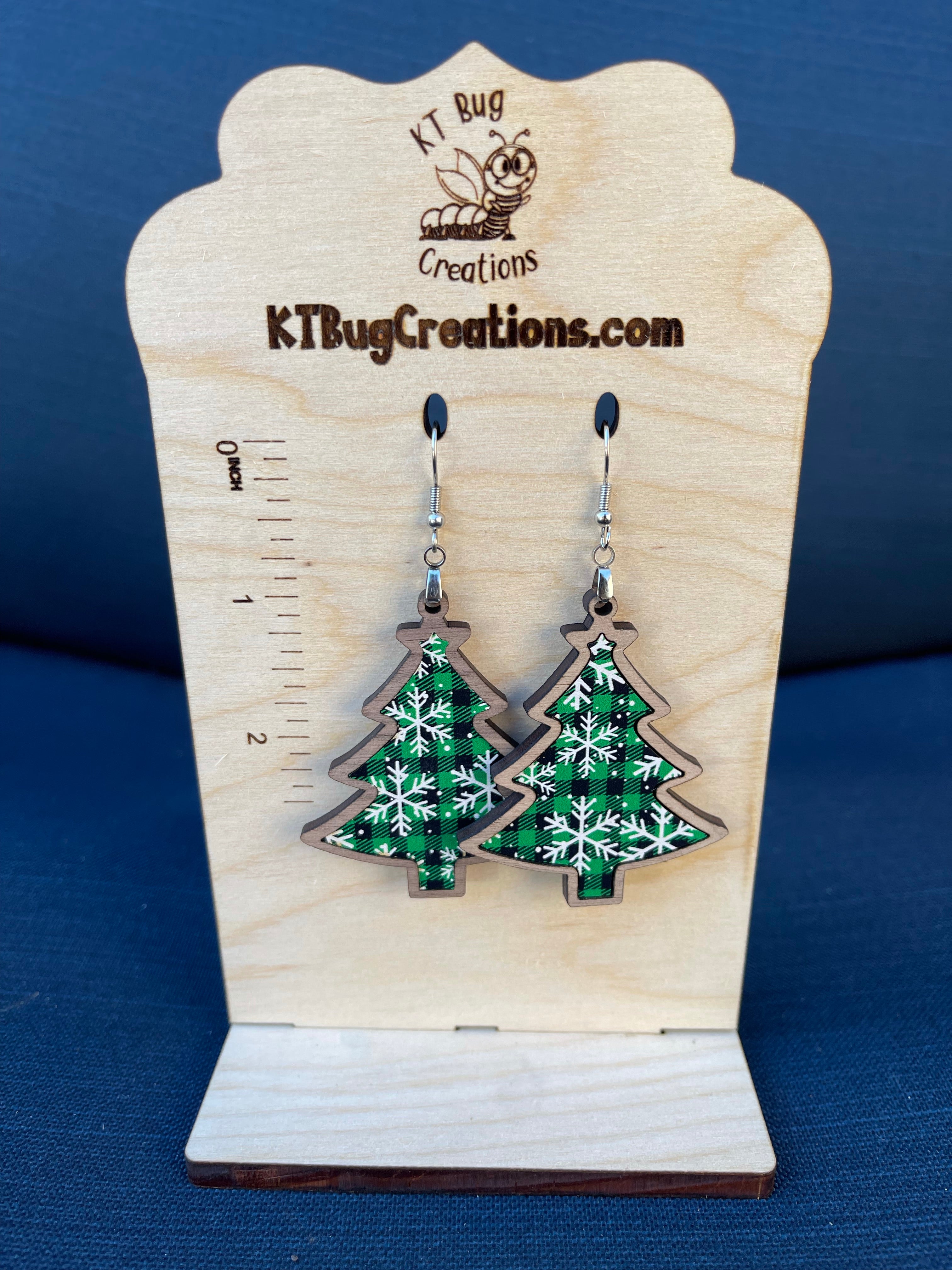 Green Plaid Snowflake Christmas Tree Dangle Earrings