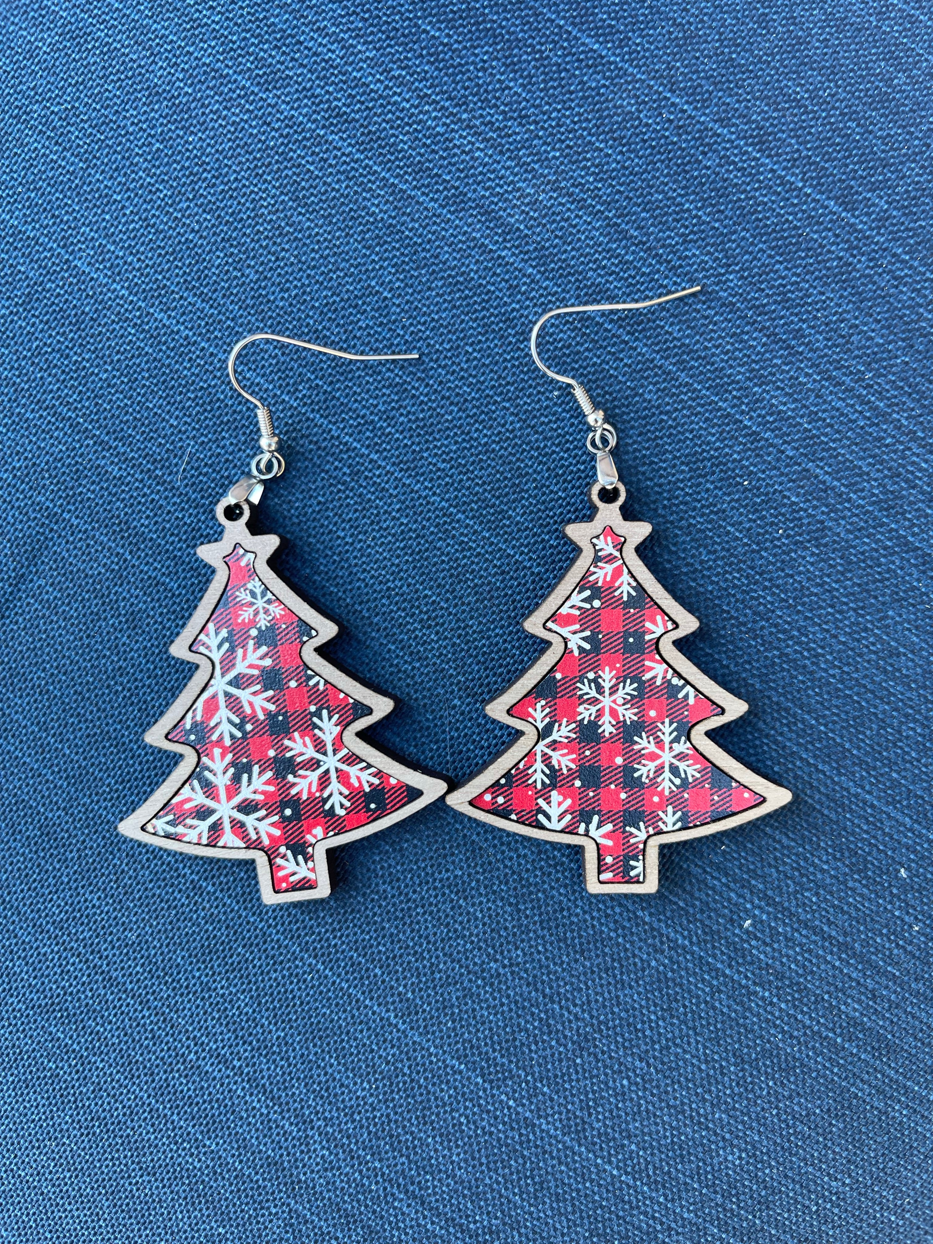 Red Plaid Snowflake Christmas Tree Dangle Earrings