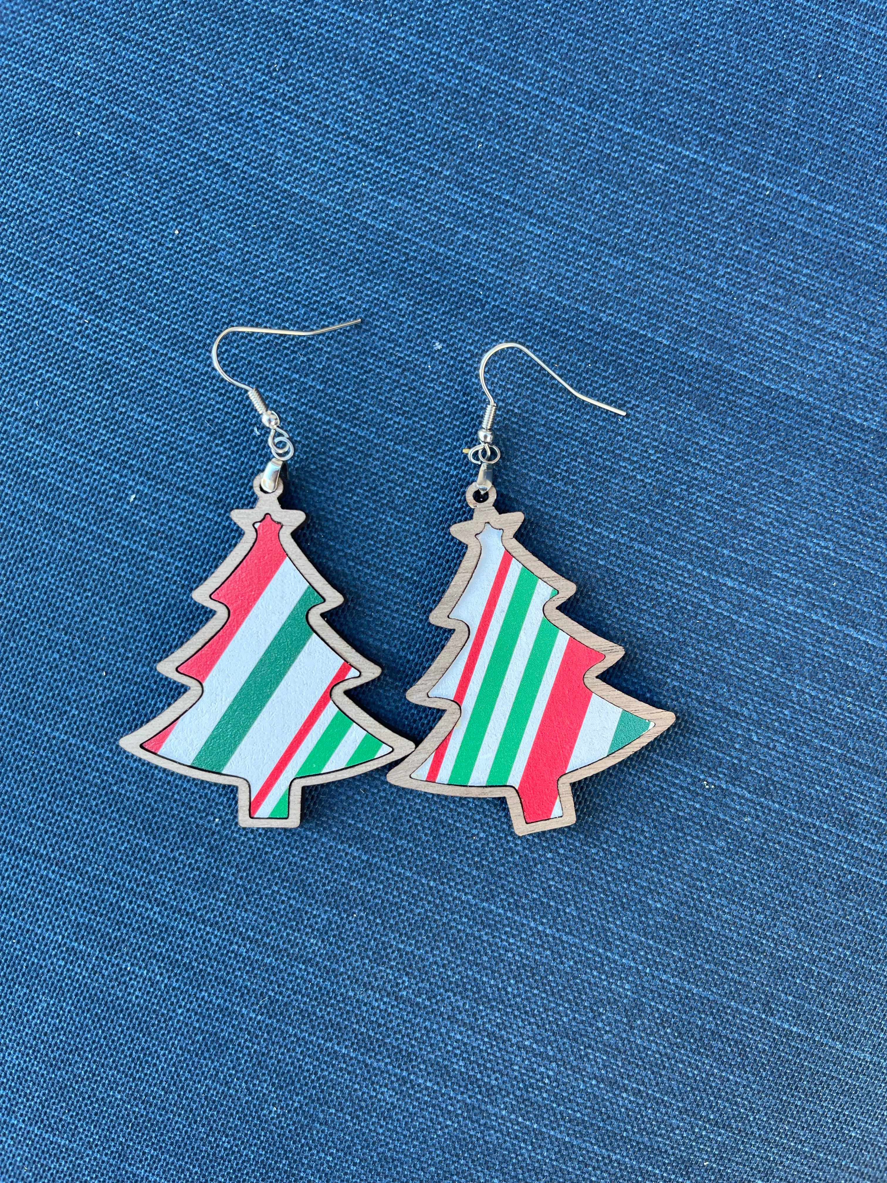 Red and Green Candy Cane Stripe Christmas Tree Dangle Earrings