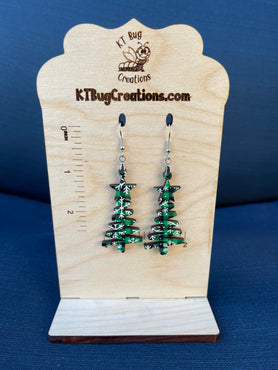 Snowflake Green Buffalo Plaid Star Doodle Christmas Tree Dangle Earrings