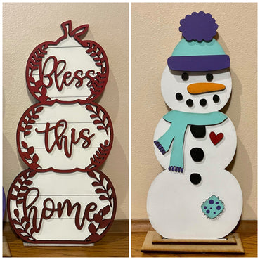 DIY Wooden Sign Kit - Bless This Home Stacking Pumpkins Snowman Reversible