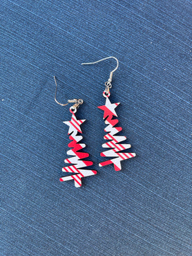 Candy Cane Stripe Star Doodle Christmas Tree Dangle Earrings