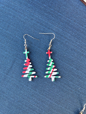 Red and Green Candy Cane Stripe Cross Doodle Christmas Tree Dangle Earrings
