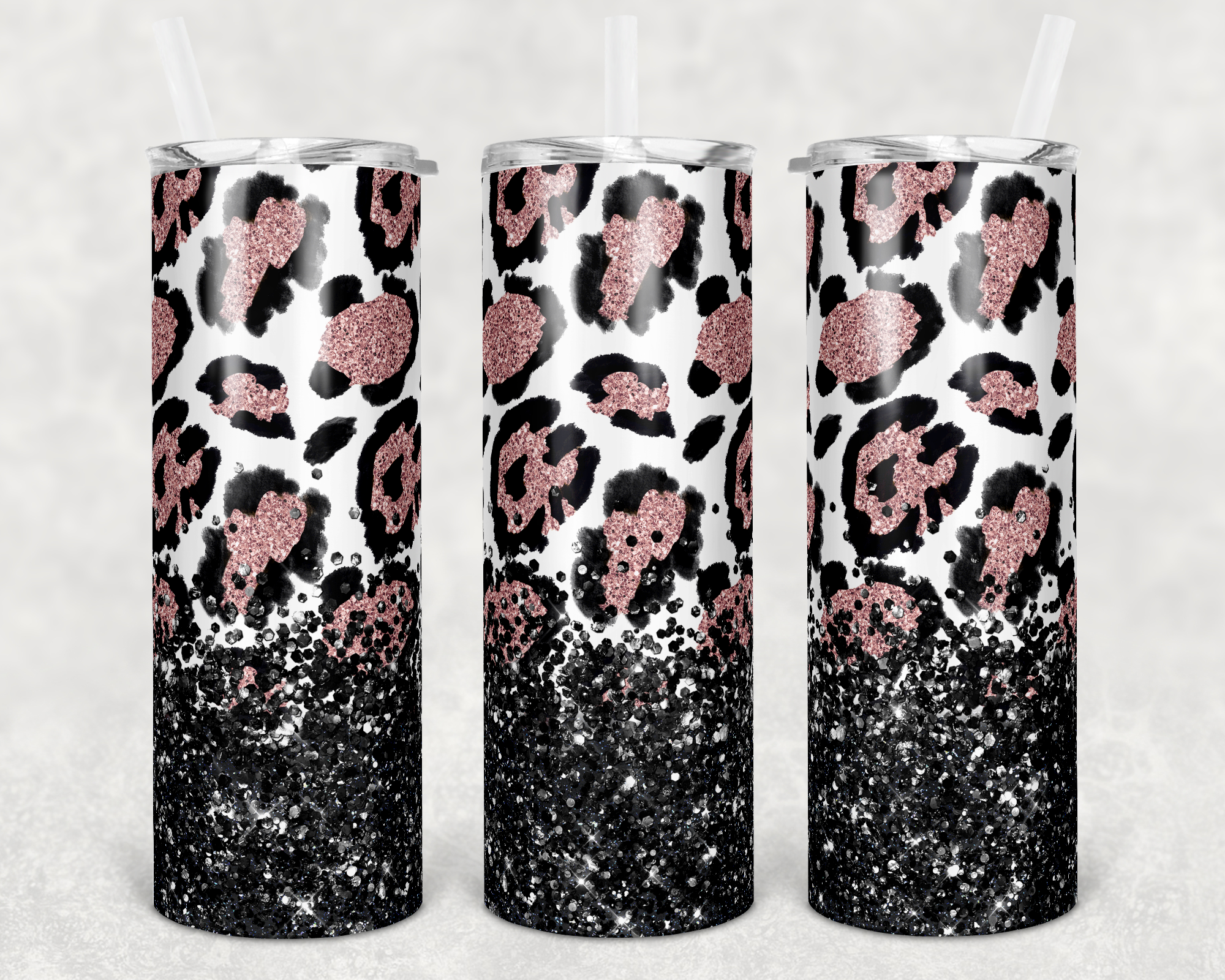 Pink Leopard Print with Black Faux Glitter 20 oz Skinny Sublimation Tumbler