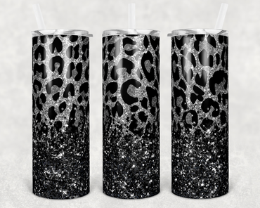 Silver Leopard Print with Black Faux Glitter 20 oz Skinny Sublimation Tumbler