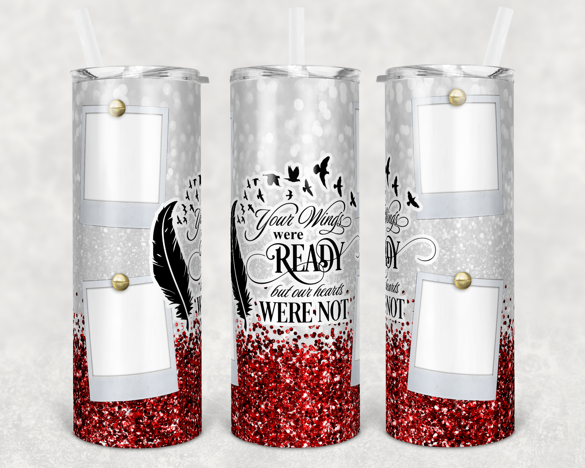 Red Faux Glitter Your Wings Were Ready Memorial Polaroid Custom Photo 20 oz Skinny Sublimation Tumbler