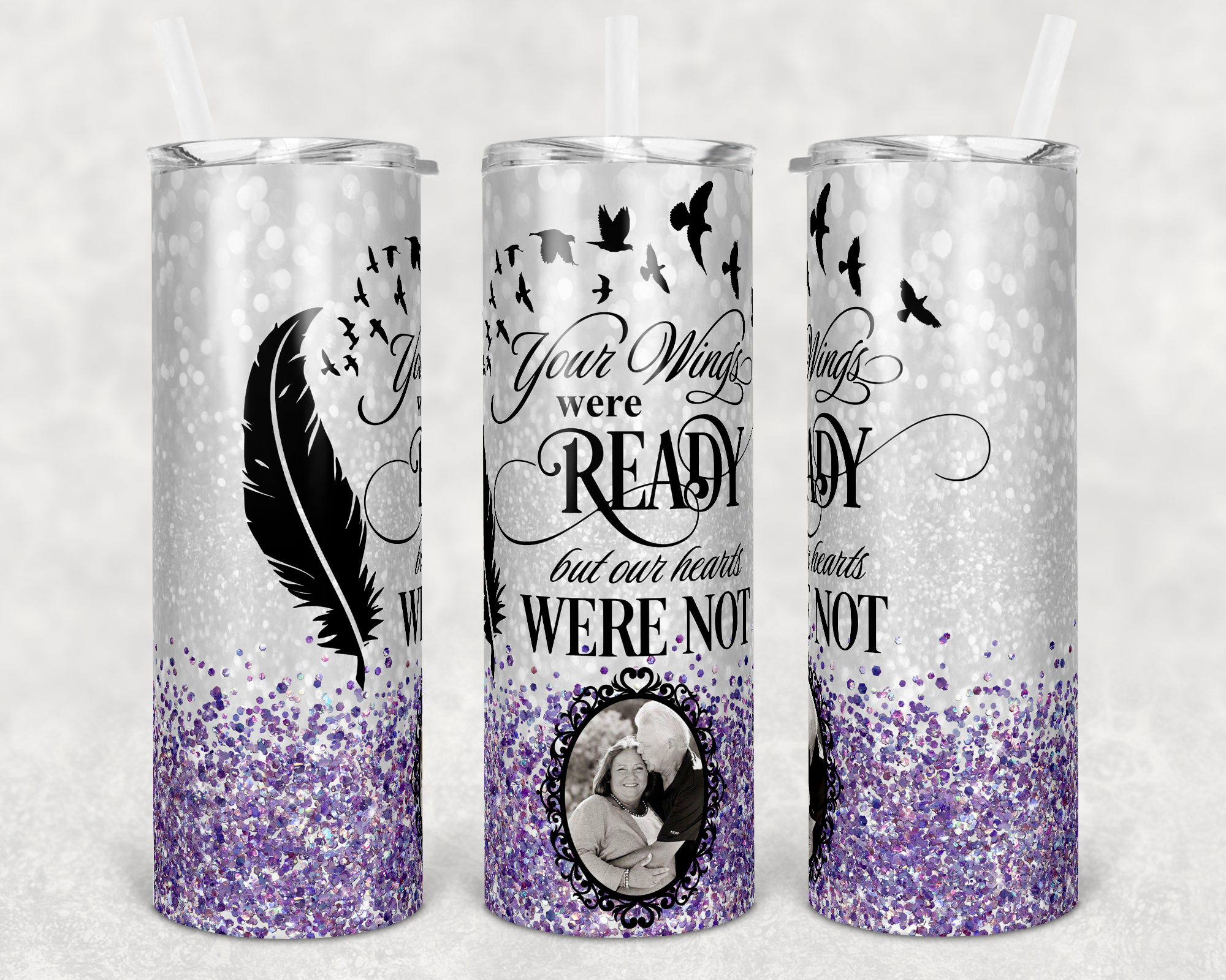 Purple Faux Glitter Your Wings Were Ready Memorial Single Custom Photo 20 oz Skinny Sublimation Tumbler