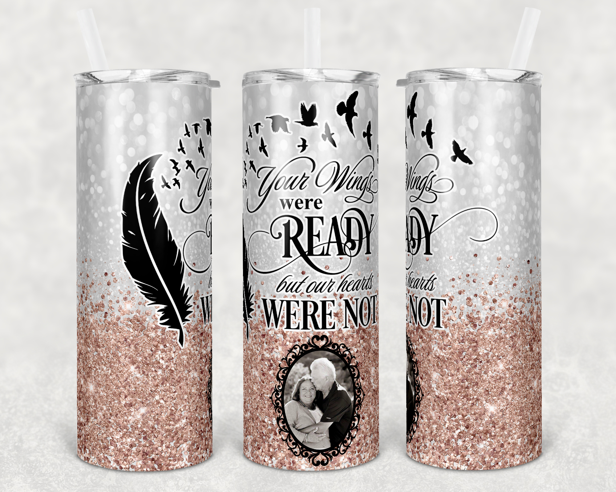 Rose Gold Faux Glitter Your Wings Were Ready Memorial Single Custom Photo 20 oz Skinny Sublimation Tumbler