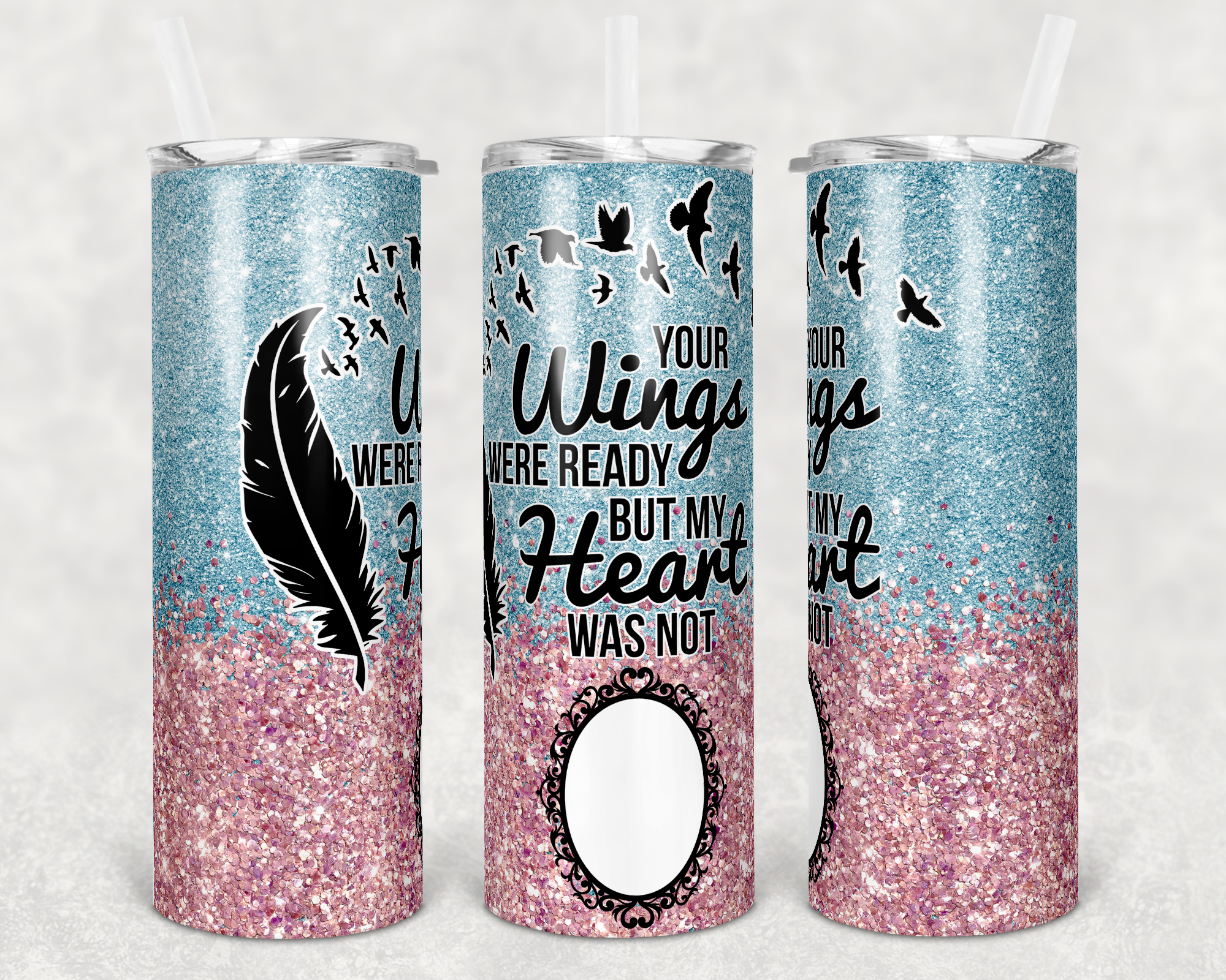 Pink and Blue Faux Glitter Your Wings Were Ready Memorial Single Custom Photo 20 oz Skinny Sublimation Tumbler