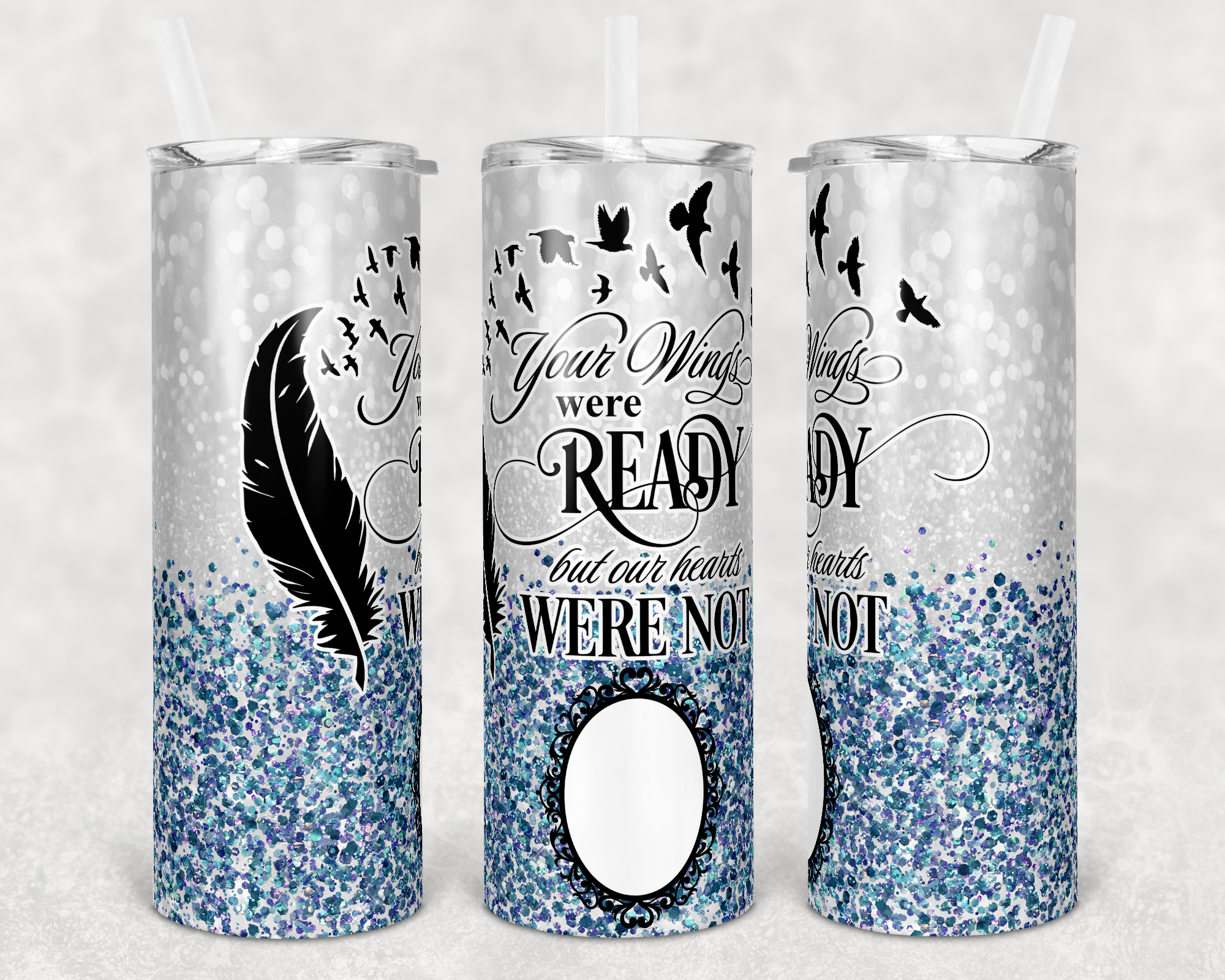 Blue Faux Glitter Your Wings Were Ready Memorial Single Custom Photo 20 oz Skinny Sublimation Tumbler