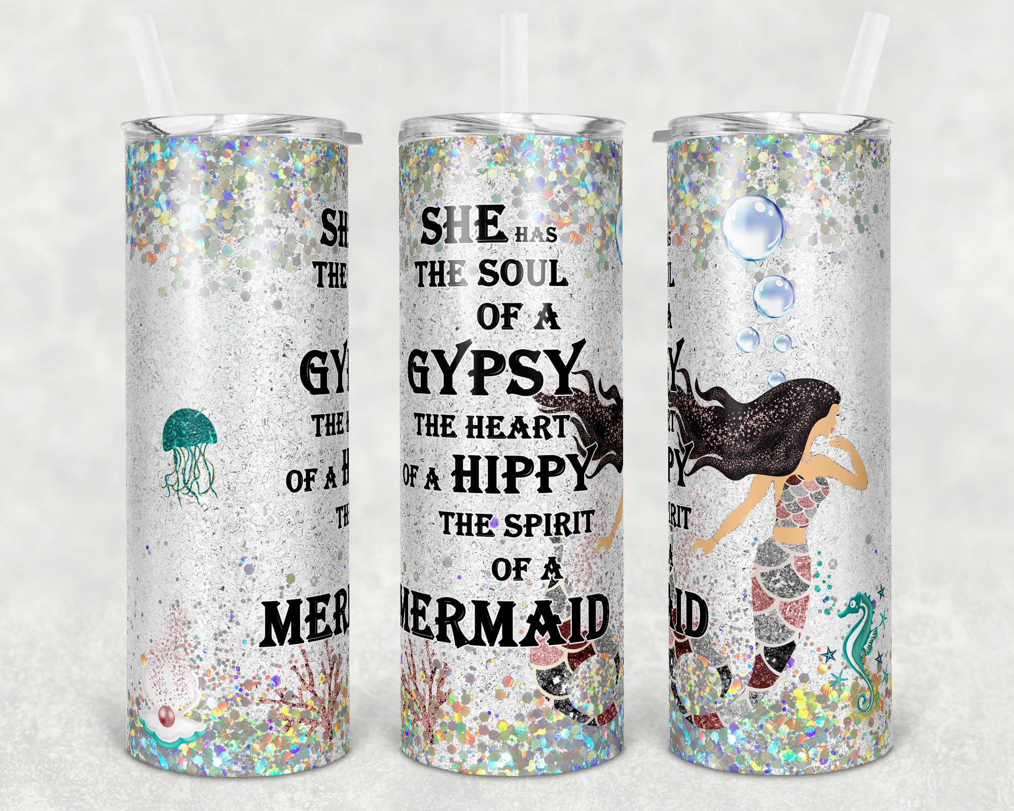 Dark Brown Hair Soul of a Gypsy Mermaid 20 oz Skinny Sublimation Tumbler