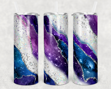 Blue Purple and White Milky Way Faux Glitter 20 oz Skinny Sublimation Tumbler