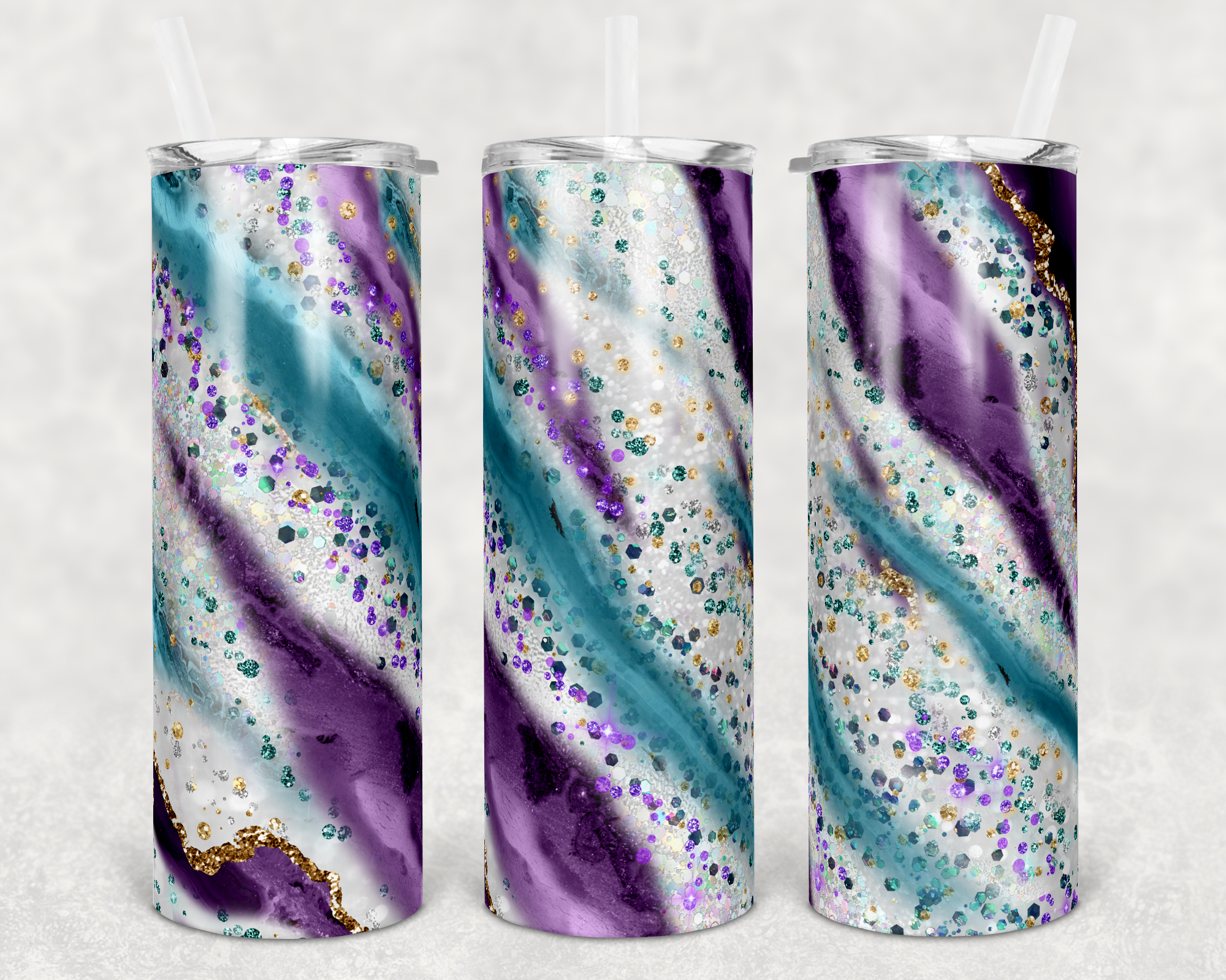 Teal Purple and White Milky Way Faux Glitter 20 oz Skinny Sublimation Tumbler