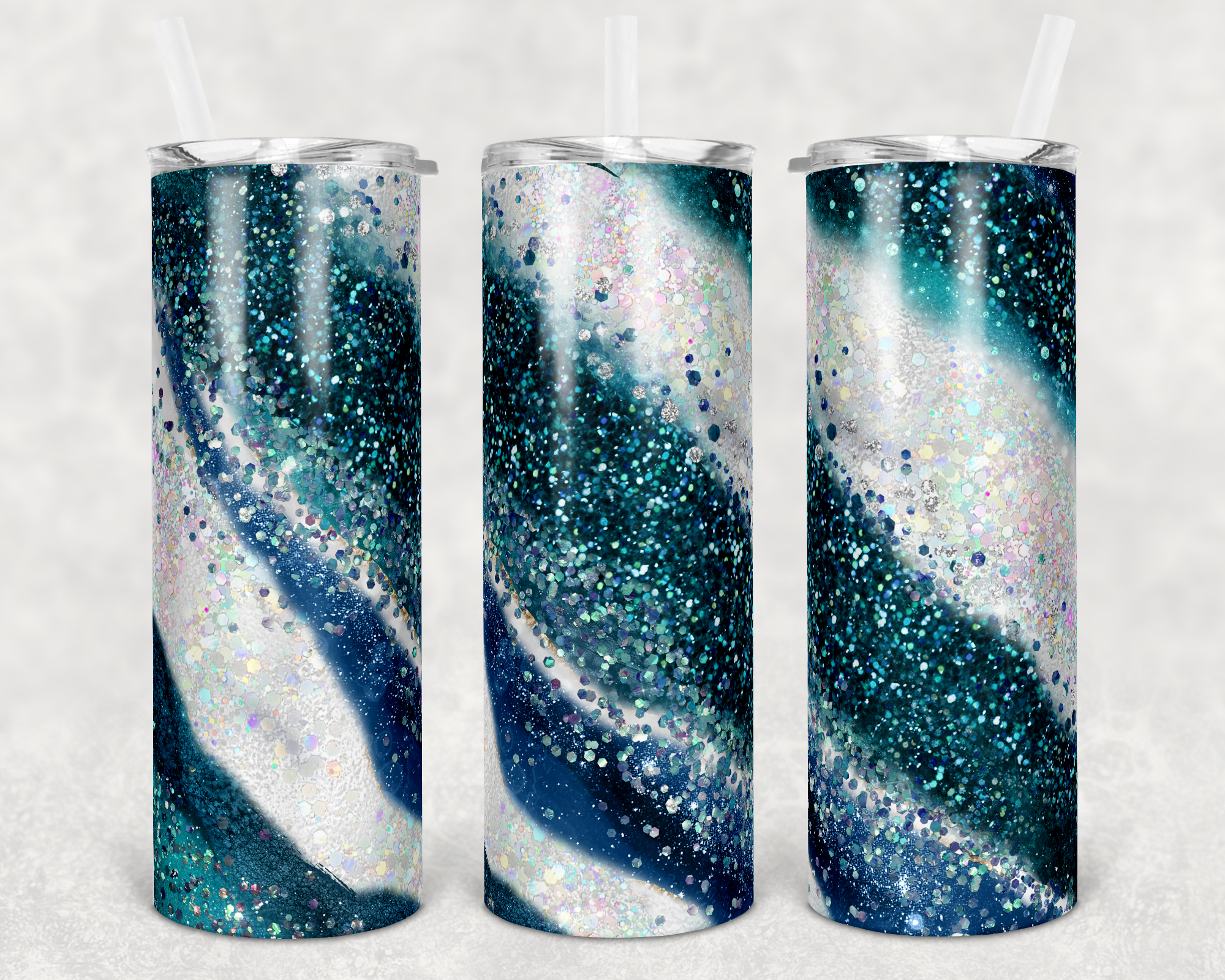 Teal and White Milky Way Faux Glitter 20 oz Skinny Sublimation Tumbler