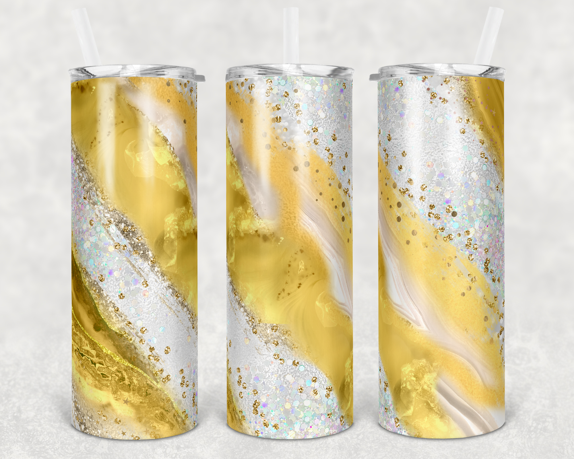 Yellow and White Milky Way Faux Glitter 20 oz Skinny Sublimation Tumbler