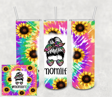 Mom Life Messy Bun Tie Dye Sunflower 20 oz Skinny Sublimation Tumbler