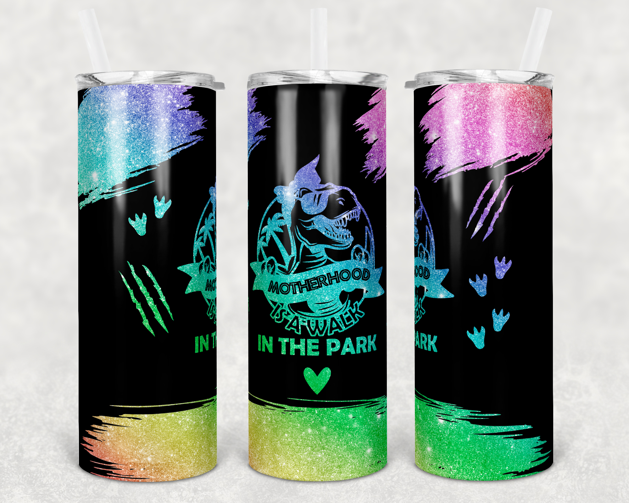 Black and Rainbow Faux Glitter Motherhood is a Walk in the Park 20 oz Skinny Sublimation Tumbler