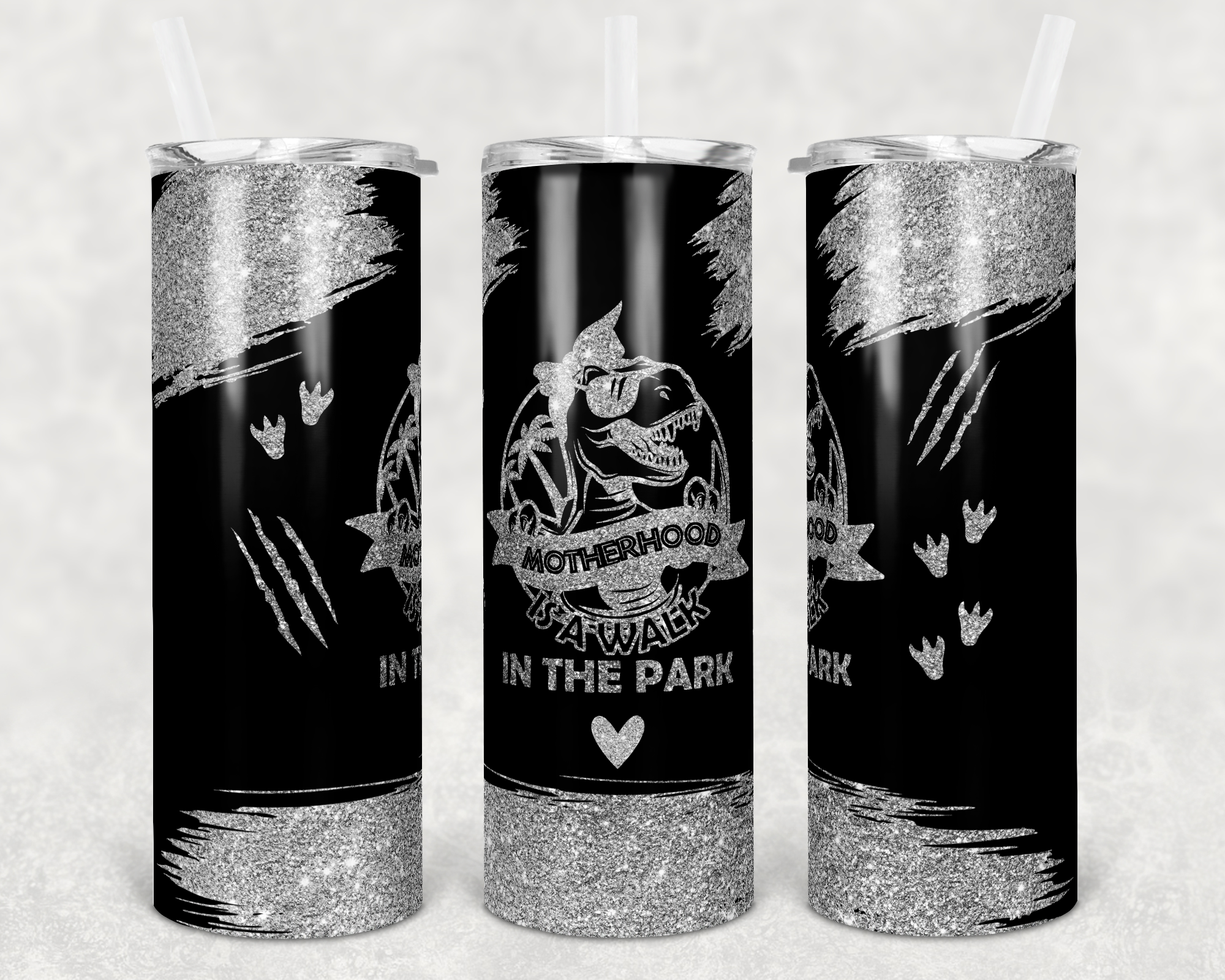 Silver and Black Faux Glitter Motherhood is a Walk in the Park 20 oz Skinny Sublimation Tumbler