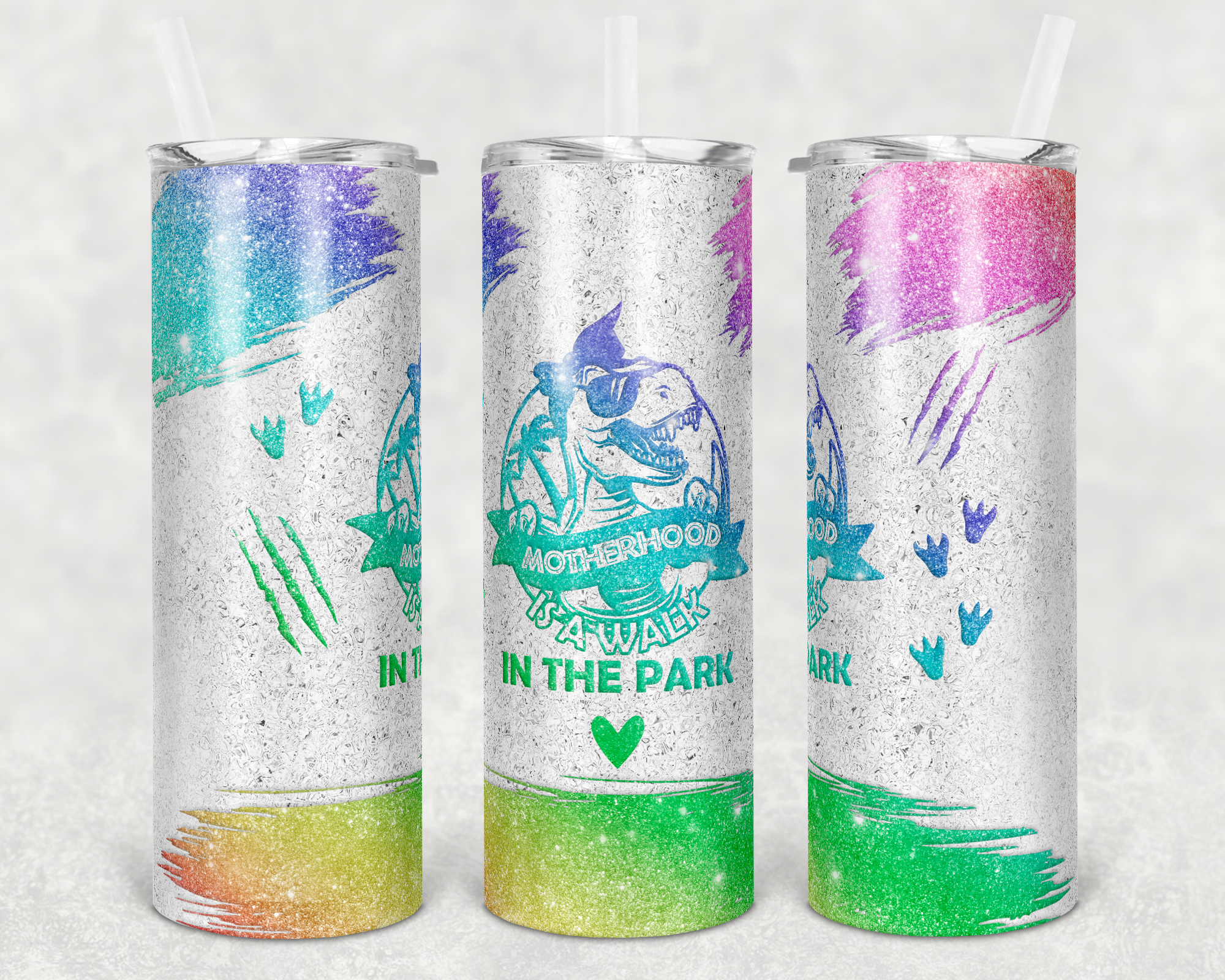 White and Rainbow Faux Glitter Motherhood is a Walk in the Park 20 oz Skinny Sublimation Tumbler