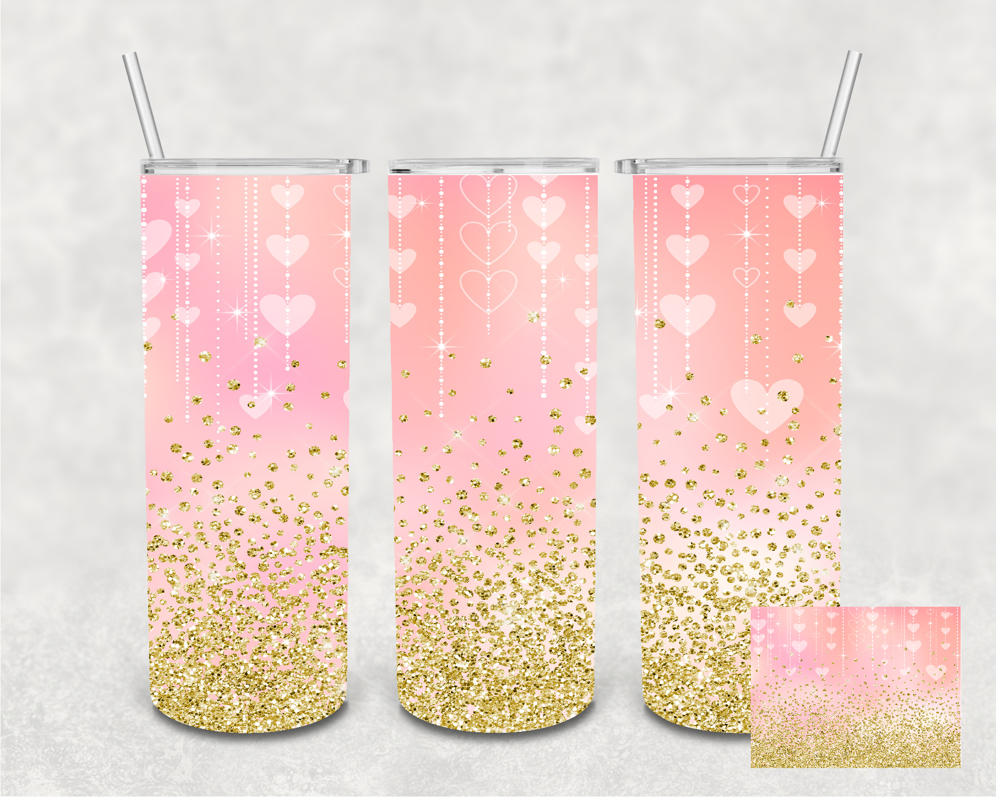 Pink Heart Gold Faux Glitter 20 oz Skinny Sublimation Tumbler