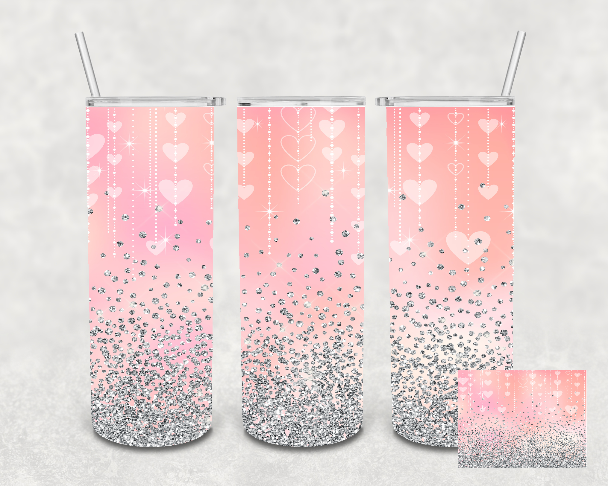 Pink Heart Silver Faux Glitter 20 oz Skinny Sublimation Tumbler