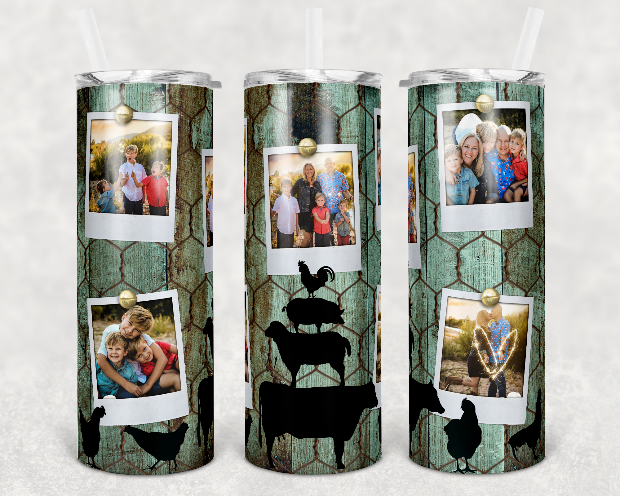 Chicken Wire Stacked Animals Silhouette Polaroids Custom Photo 20 oz Skinny Sublimation Tumbler