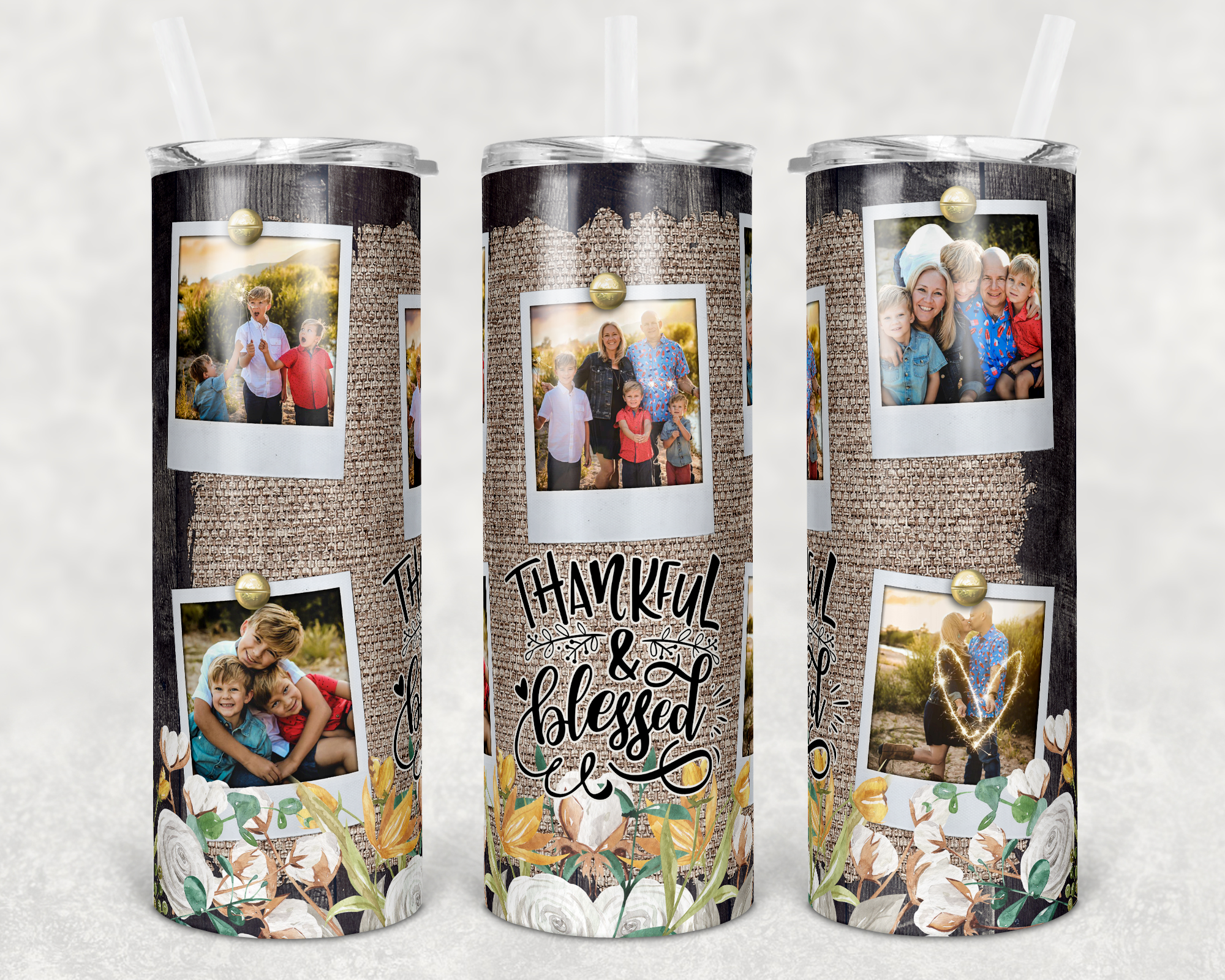 Thankful and Blessed Polaroids Custom Photo 20 oz Skinny Sublimation Tumbler