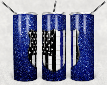 Thin Blue Line Police Badge Faux Glitter 20 oz Skinny Sublimation Tumbler