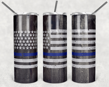 Thin Blue Line Police Flag Wood Grain 20 oz Skinny Sublimation Tumbler