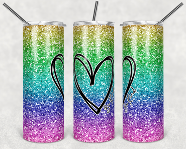 Be Kind Heart Rainbow Faux Glitter 20 oz Skinny Sublimation Tumbler