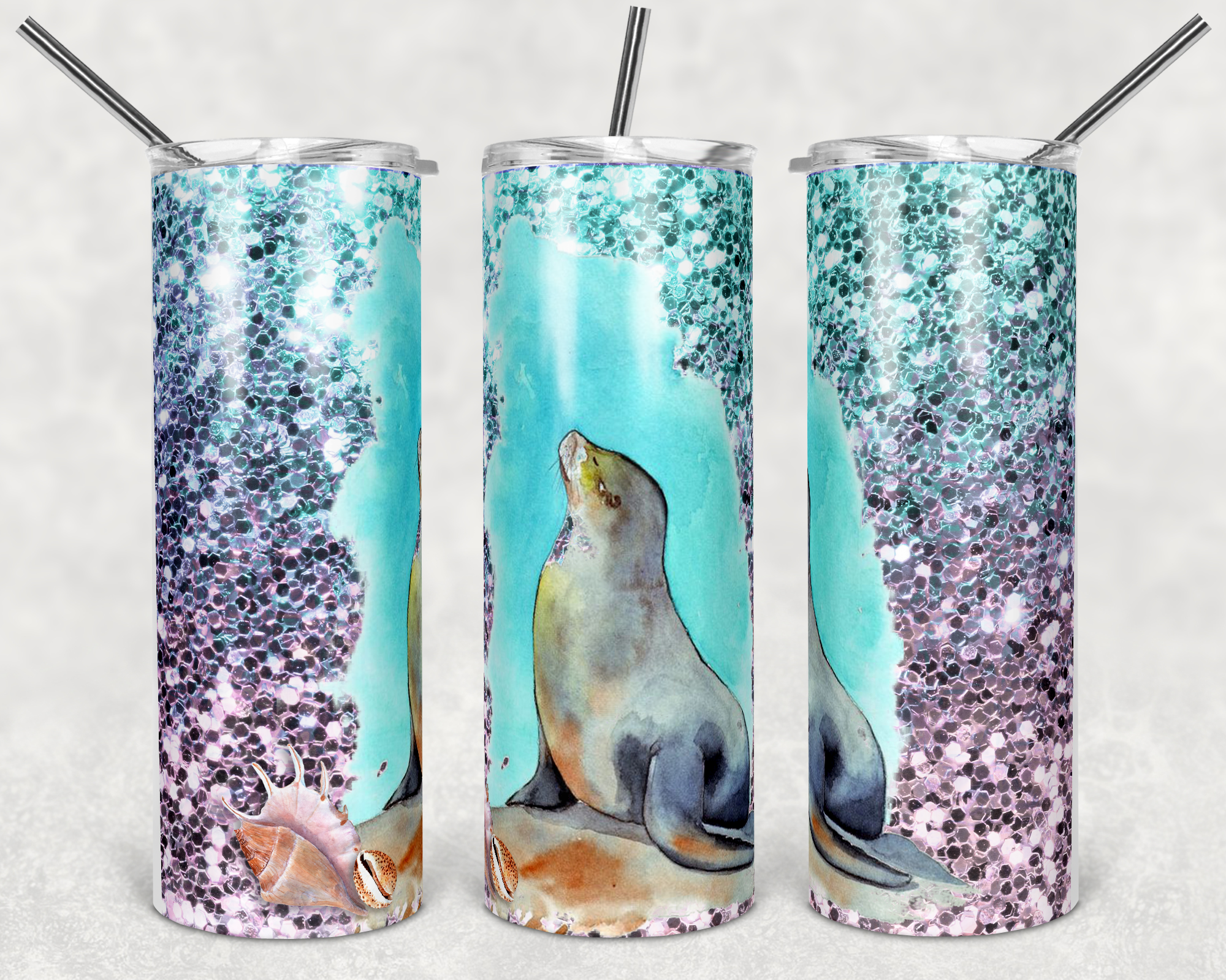 Sea Lion Faux Glitter 20 oz Skinny Sublimation Tumbler