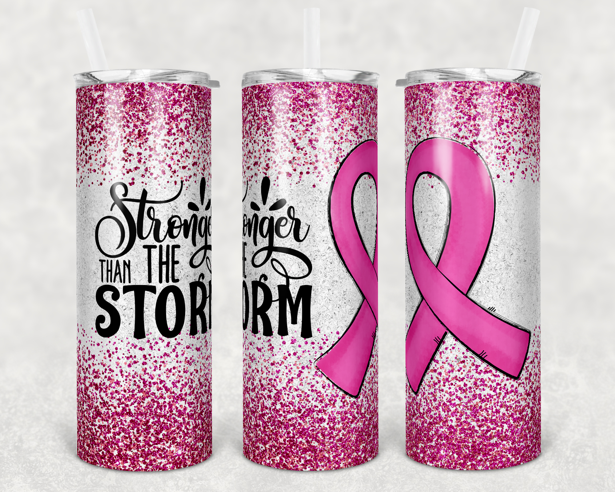 Stronger Than the Storm Breast Cancer Pink Ribbon Faux Glitter 20 oz Skinny Sublimation Tumbler