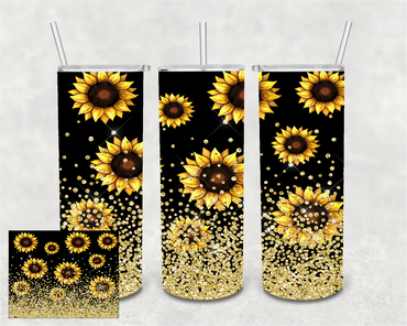 Black Sunflower Faux Gold Glitter 20 oz Skinny Sublimation Tumbler