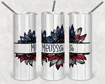 Personalized Name Sunflower USA Flag Faux Glitter 20 oz Skinny Sublimation Tumbler